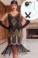Load image into Gallery viewer, Fringed Black Golden Tight Sparkly Sequin Midi 1920s Dress with 20s Accessories Set