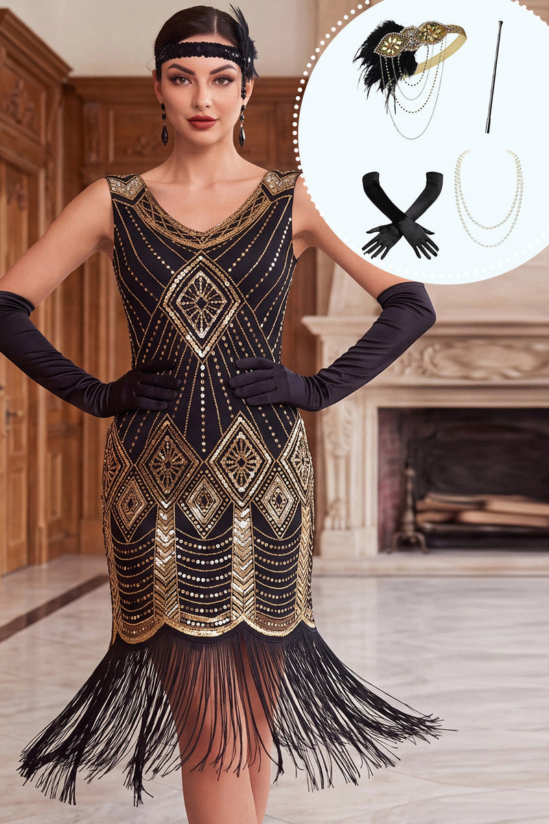 Load image into Gallery viewer, Fringed Black Golden Tight Sparkly Sequin Midi 1920s Dress with 20s Accessories Set