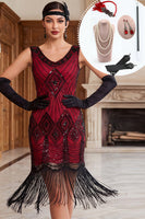 Load image into Gallery viewer, Tight Black Red Sparkly Sequin Fringed Midi 1920s Dress with 20s Accessories Set
