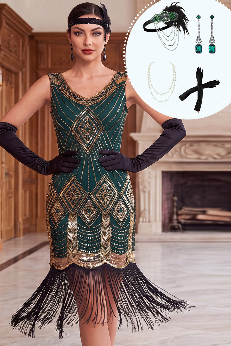 Load image into Gallery viewer, Green Golden Sparkly Tight Sequin Fringed Midi 1920s Dress with 20s Accessories Set