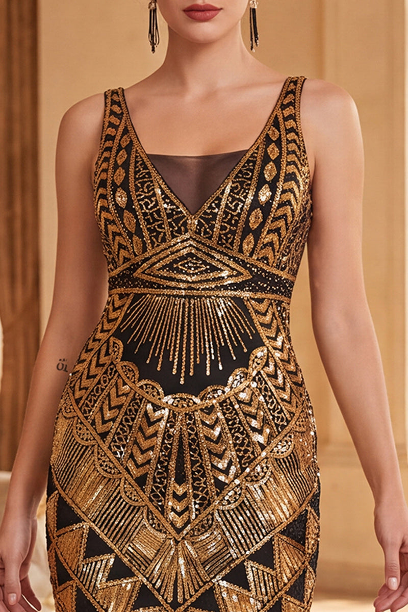 Load image into Gallery viewer, Sparkly Black Golden Tight Fringed Sequin V-Neck Midi 1920s Dress with 20s Accessories Set