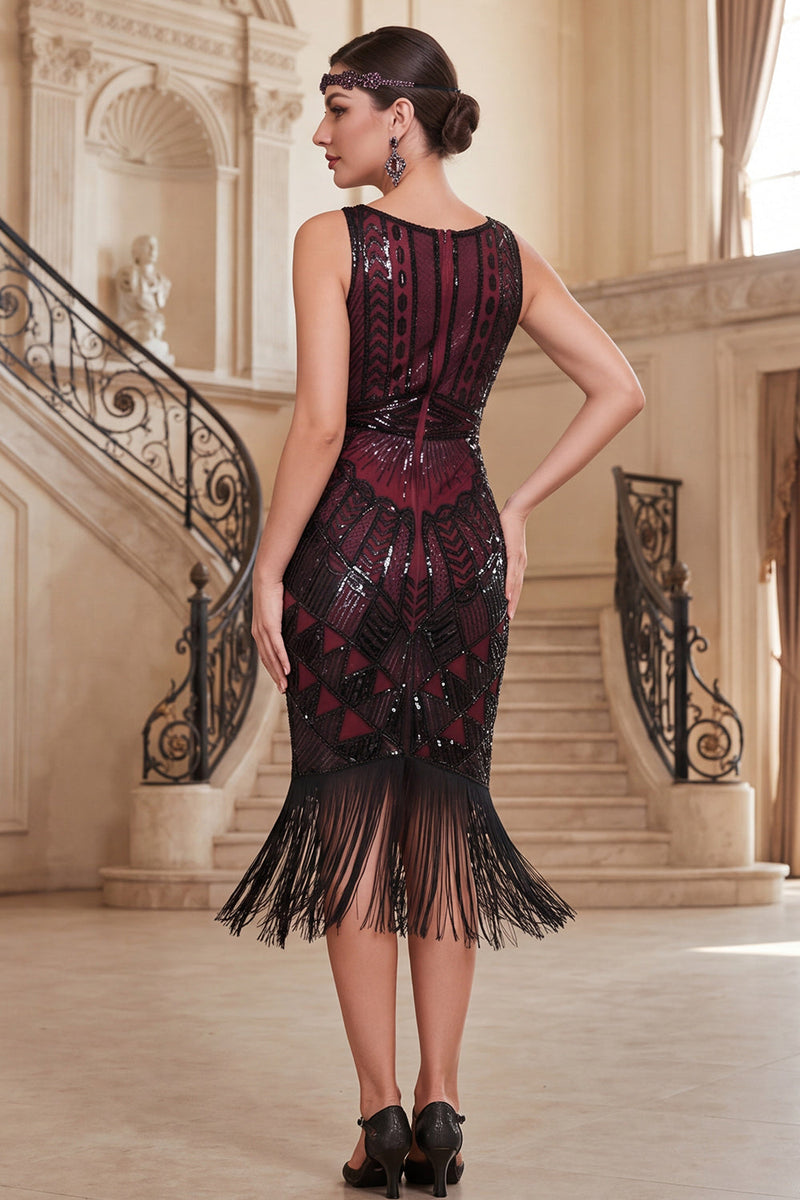 Load image into Gallery viewer, Tight Black Red Fringed Sparkly Sequin V-Neck Midi 1920s Dress with 20s Accessories Set