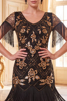 Load image into Gallery viewer, Fringed Black Golden Floral Tight Sparkly Sequin Midi 1920s Dress with 20s Accessories Set