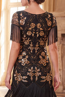 Load image into Gallery viewer, Fringed Black Golden Floral Tight Sparkly Sequin Midi 1920s Dress with 20s Accessories Set