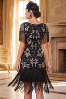 Load image into Gallery viewer, Sparkly Black Silver Floral Tight Sequin Fringed Midi 1920s Dress with 20s Accessories Set