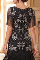 Load image into Gallery viewer, Sparkly Black Silver Floral Tight Sequin Fringed Midi 1920s Dress with 20s Accessories Set
