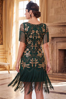 Load image into Gallery viewer, Floral Green Golden Tight Sparkly Sequin Fringed Midi 1920s Dress with 20s Accessories Set