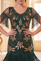Load image into Gallery viewer, Floral Green Golden Tight Sparkly Sequin Fringed Midi 1920s Dress with 20s Accessories Set