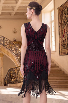 Black Red Tight Fringed Sparkly Sequin V-Neck Midi 1920s Dress with 20s Accessories Set