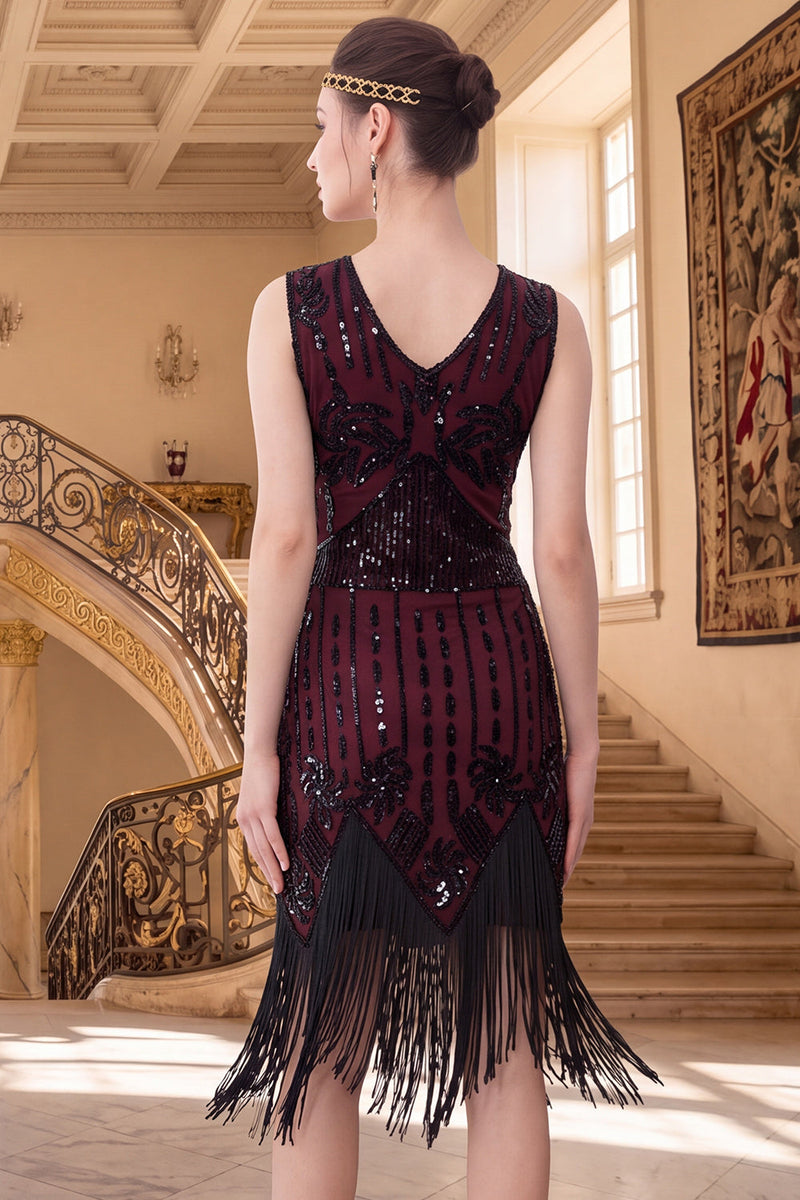Load image into Gallery viewer, Black Red Tight Fringed Sparkly Sequin V-Neck Midi 1920s Dress with 20s Accessories Set
