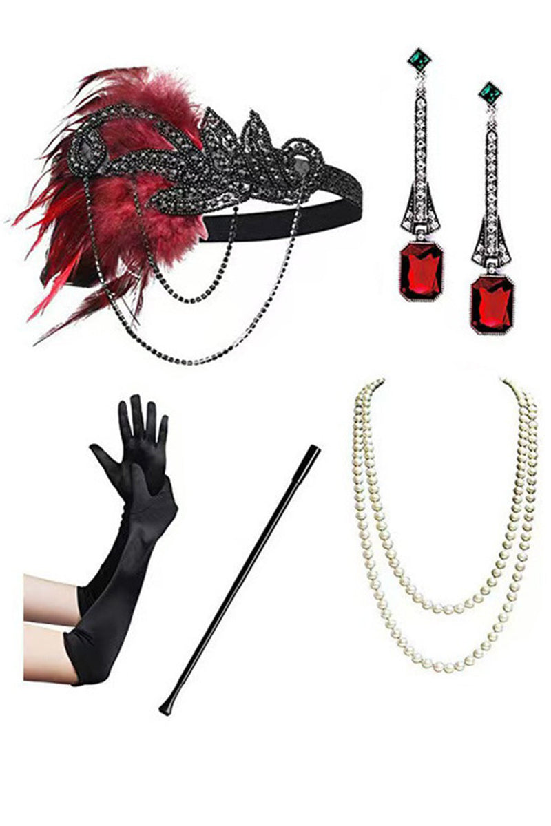 Load image into Gallery viewer, Burgundy Sparkly Sheath Sequin V-Neck Long 1920s Dress with 20s Accessories Set