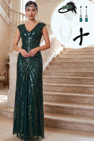 Load image into Gallery viewer, Sheath Dark Green Sparkly Sequin V-Neck Long 1920s Dress with 20s Accessories Set