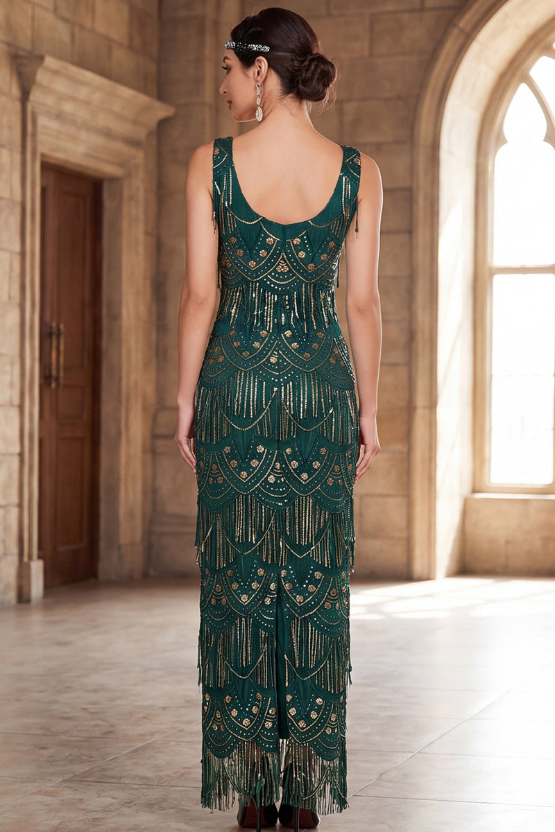 Load image into Gallery viewer, Fringed Dark Green Sheath Sparkly Sequin Long 1920s Dress with 20s Accessories Set