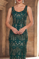 Load image into Gallery viewer, Fringed Dark Green Sheath Sparkly Sequin Long 1920s Dress with 20s Accessories Set