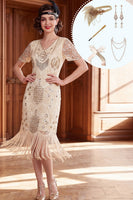 Load image into Gallery viewer, Fringed Apricot Sparkly Sequin V-Neck Midi 1920s Dress with 20s Accessories Set