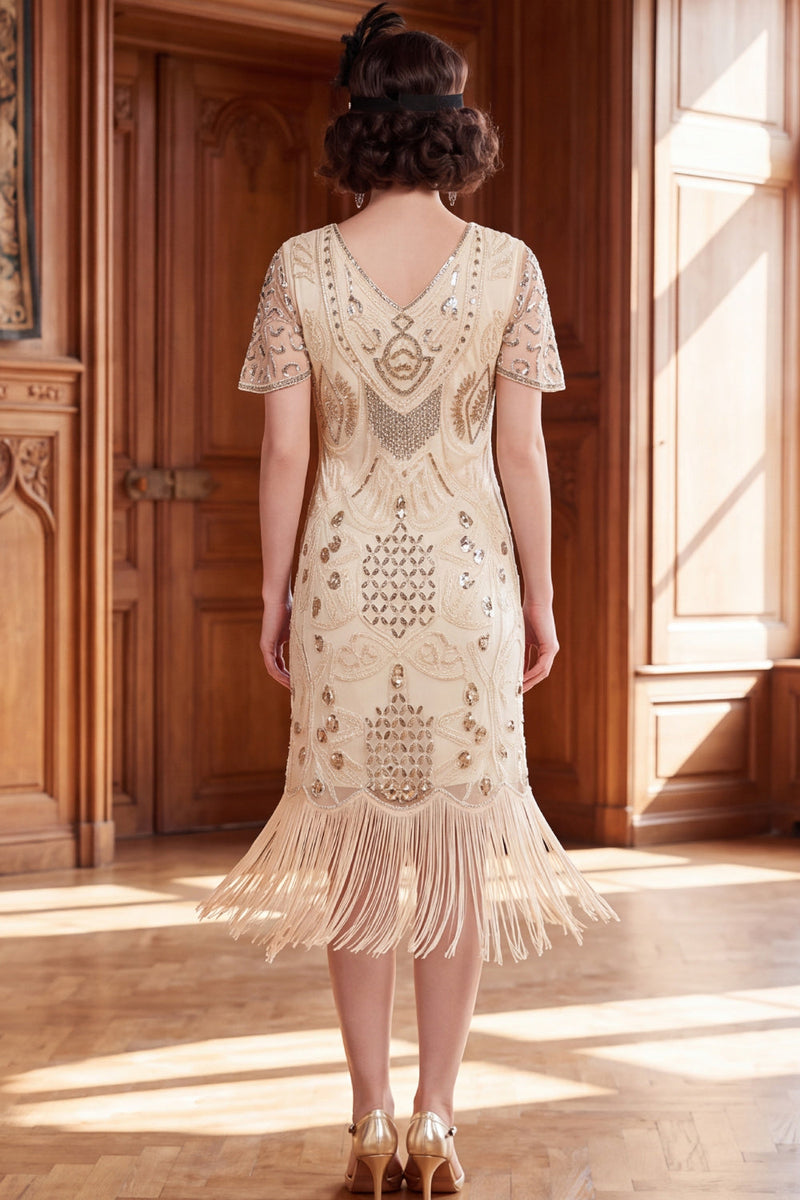 Load image into Gallery viewer, Fringed Apricot Sparkly Sequin V-Neck Midi 1920s Dress with 20s Accessories Set