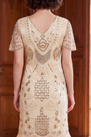 Load image into Gallery viewer, Fringed Apricot Sparkly Sequin V-Neck Midi 1920s Dress with 20s Accessories Set