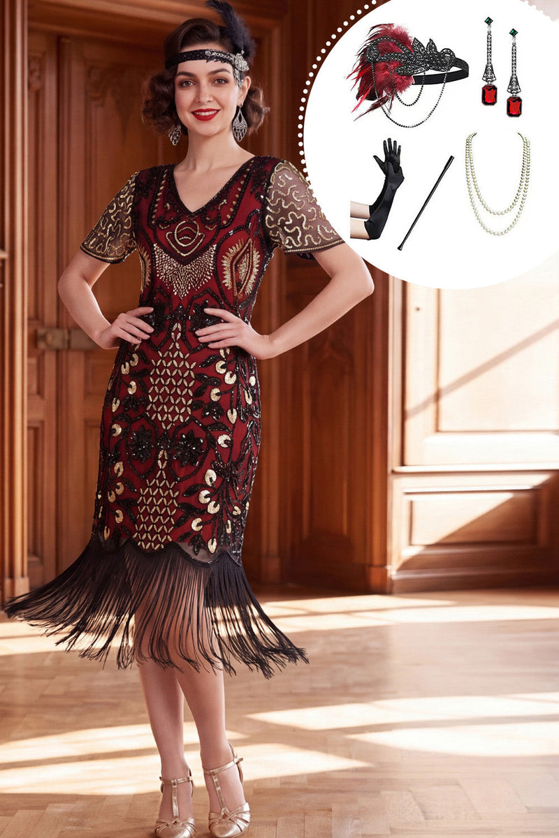 Load image into Gallery viewer, Black Red Tight Sparkly Sequin Fringed V-Neck Midi 1920s Dress with 20s Accessories Set