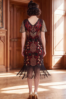 Black Red Tight Sparkly Sequin Fringed V-Neck Midi 1920s Dress with 20s Accessories Set