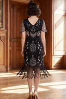 Load image into Gallery viewer, Black Silver Tight Sparkly Sequin Fringed V-Neck Midi 1920s Dress with 20s Accessories Set