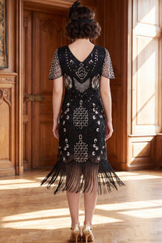 Black Silver Tight Sparkly Sequin Fringed V-Neck Midi 1920s Dress with 20s Accessories Set