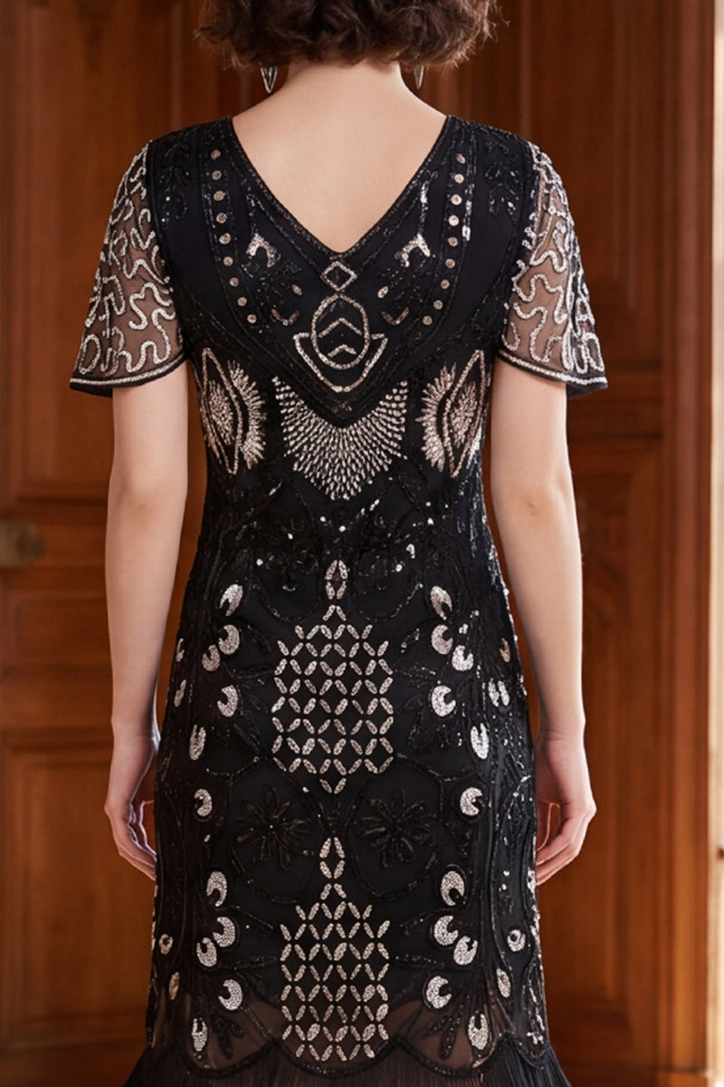 Load image into Gallery viewer, Black Silver Tight Sparkly Sequin Fringed V-Neck Midi 1920s Dress with 20s Accessories Set