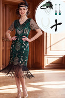 Load image into Gallery viewer, Tight Dark Green Sparkly Sequin Fringed V-Neck Midi 1920s Dress with 20s Accessories Set