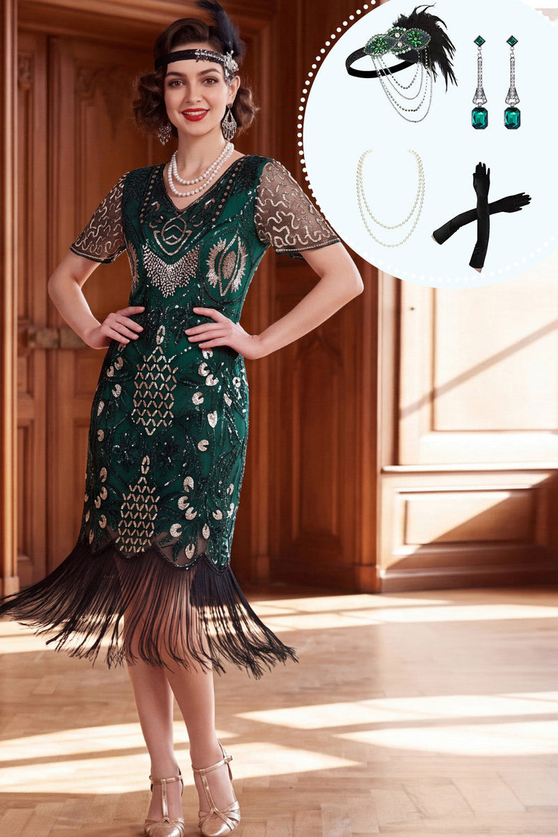 Load image into Gallery viewer, Tight Dark Green Sparkly Sequin Fringed V-Neck Midi 1920s Dress with 20s Accessories Set