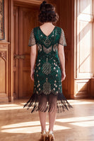 Load image into Gallery viewer, Tight Dark Green Sparkly Sequin Fringed V-Neck Midi 1920s Dress with 20s Accessories Set