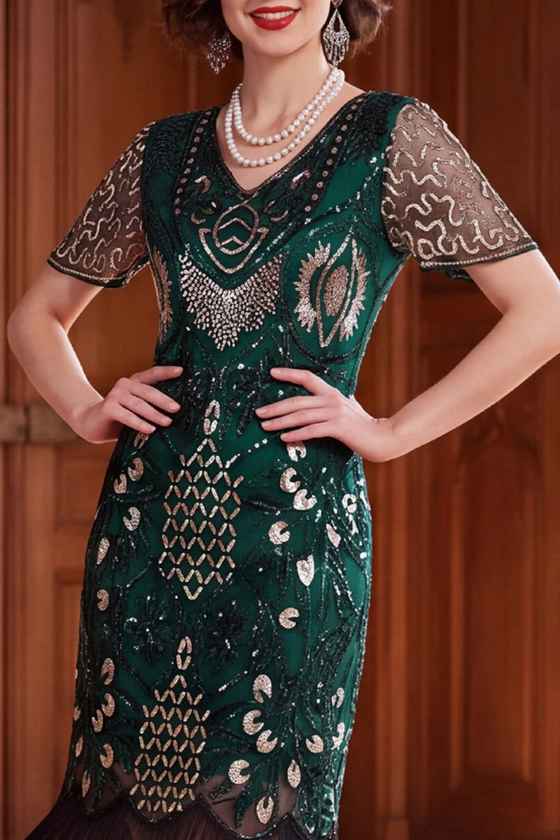 Load image into Gallery viewer, Tight Dark Green Sparkly Sequin Fringed V-Neck Midi 1920s Dress with 20s Accessories Set