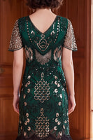 Load image into Gallery viewer, Tight Dark Green Sparkly Sequin Fringed V-Neck Midi 1920s Dress with 20s Accessories Set