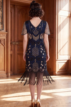 Sparkly Black Silver Sequin Fringed Tight V-Neck Midi 1920s Dress with 20s Accessories Set