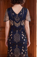 Load image into Gallery viewer, Sparkly Black Silver Sequin Fringed Tight V-Neck Midi 1920s Dress with 20s Accessories Set