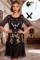 Load image into Gallery viewer, A Line Black Golden Sparkly Floral Sequin Midi 1920s Dress with 20s Accessories Set