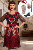 Load image into Gallery viewer, Sparkly Black Red Floral A Line Sequin Midi 1920s Dress with 20s Accessories Set