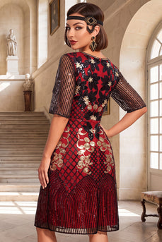 Sparkly Black Red Floral A Line Sequin Midi 1920s Dress with 20s Accessories Set