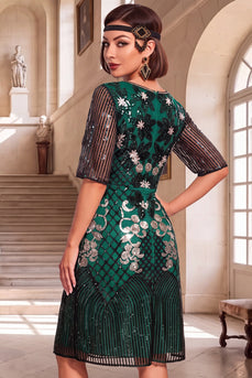 Floral Dark Green A Line Sparkly Sequin Midi 1920s Dress with 20s Accessories Set
