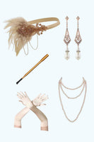 Load image into Gallery viewer, Apricot Sparkly Sequin Tight Fringed V-Neck Midi 1920s Dress with 20s Accessories Set