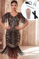 Load image into Gallery viewer, Black Golden Tight Sparkly Sequin Fringed V-Neck Midi 1920s Dress with 20s Accessories Set