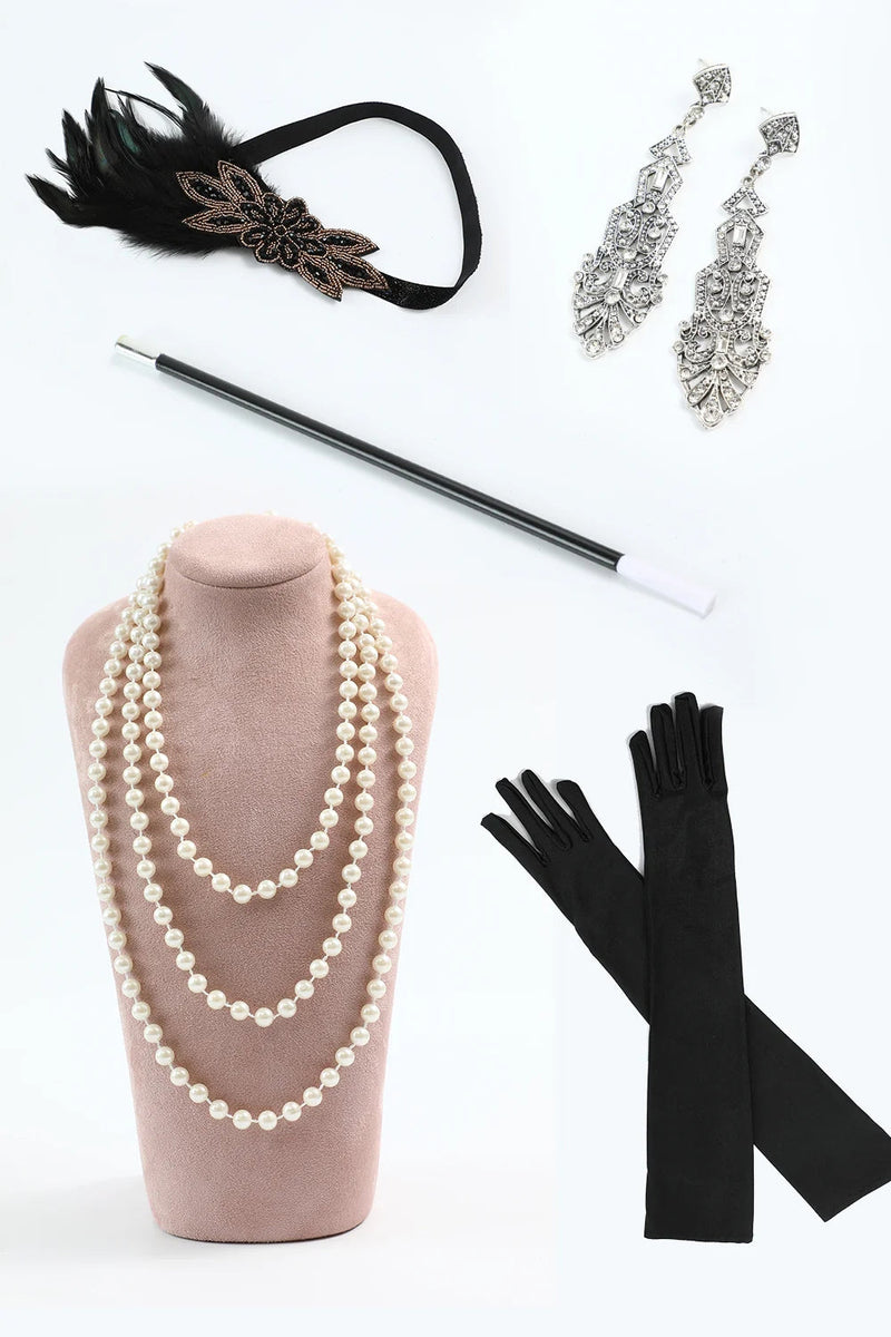 Load image into Gallery viewer, Black Golden Tight Sparkly Sequin Fringed V-Neck Midi 1920s Dress with 20s Accessories Set