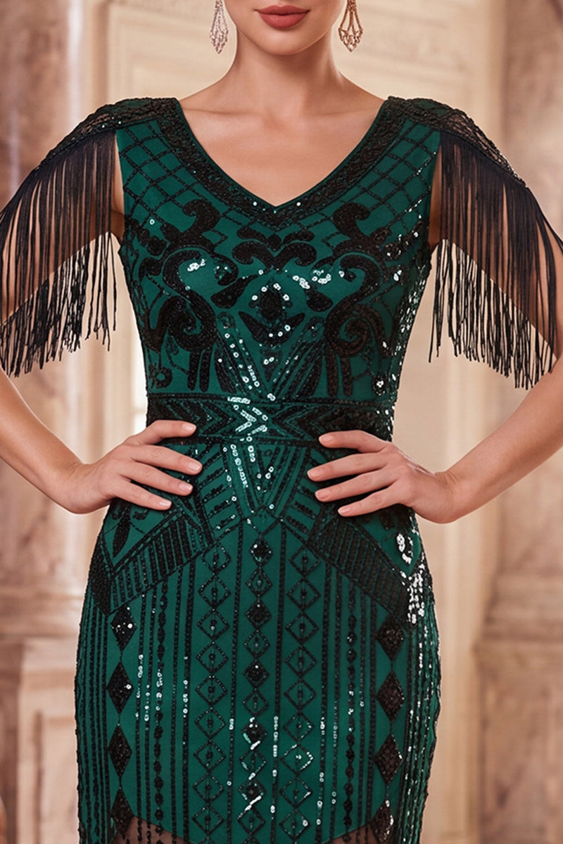 Load image into Gallery viewer, Fringed Dark Green Sparkly Sequin V-Neck Midi 1920s Dress with 20s Accessories Set