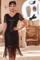 Load image into Gallery viewer, Sparkly Sequin Black Fringed V-Neck Midi 1920s Dress with 20s Accessories Set