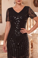 Load image into Gallery viewer, Sparkly Sequin Black Fringed V-Neck Midi 1920s Dress with 20s Accessories Set