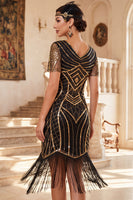 Load image into Gallery viewer, Sparkly Black Golden Tight Sequin Fringed V-Neck Midi 1920s Dress with 20s Accessories Set