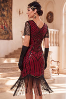 Load image into Gallery viewer, Fringed Black Red Sparkly Sequin V-Neck Midi 1920s Dress with 20s Accessories Set