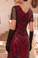Load image into Gallery viewer, Fringed Black Red Sparkly Sequin V-Neck Midi 1920s Dress with 20s Accessories Set