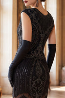 Load image into Gallery viewer, Tight Black Sparkly Sequin Beaded Fringed Round Neck Midi 1920s Dress with 20s Accessories Set