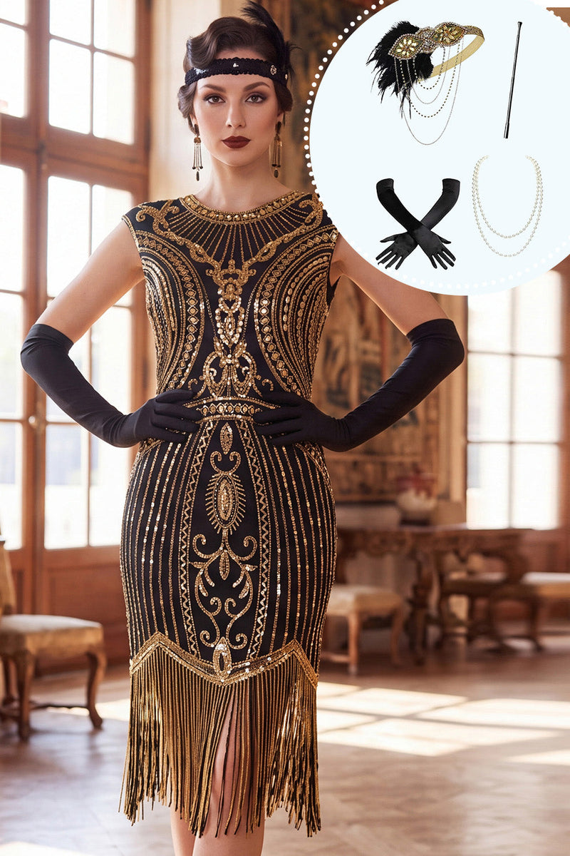Load image into Gallery viewer, Sparkly Sequin Black Tight Beaded Fringed Midi 1920s Dress with 20s Accessories Set