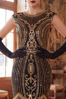 Load image into Gallery viewer, Sparkly Sequin Black Tight Beaded Fringed Midi 1920s Dress with 20s Accessories Set