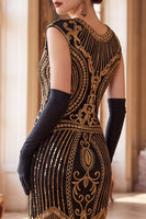 Load image into Gallery viewer, Sparkly Sequin Black Tight Beaded Fringed Midi 1920s Dress with 20s Accessories Set